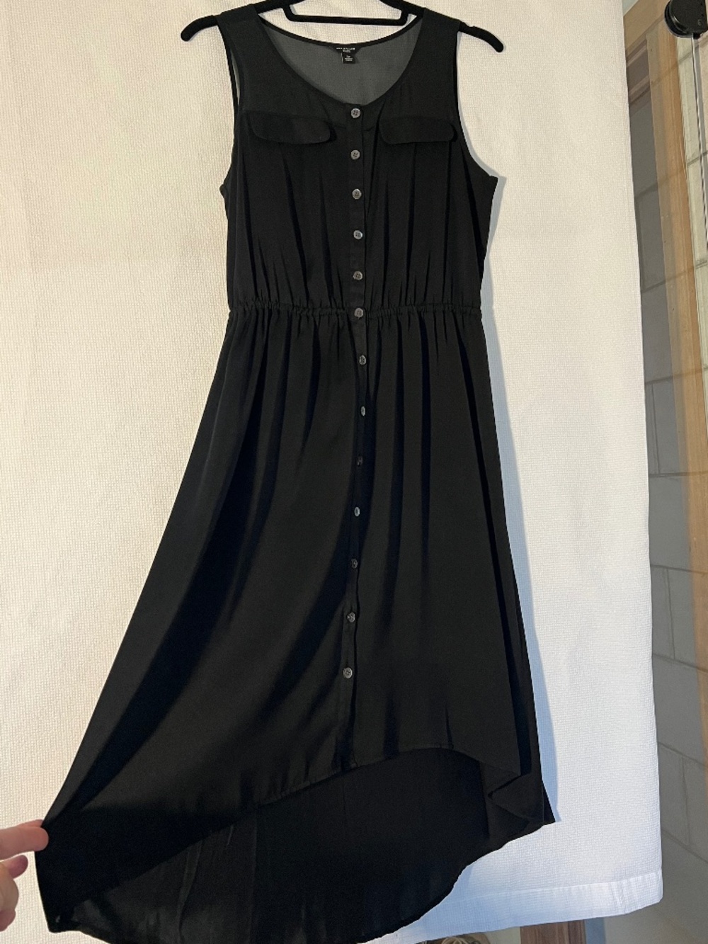 Ann Taylor Black Sleeveless Mesh Yoke Button High Low Shirtdress Polyester Sz SP